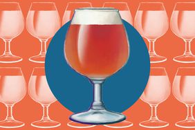 An illustration of a Belgian beer over a blue and orange background with more beer glasses.