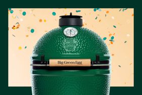 A BIG GREEN EGG over a framed peach colored background with confetti falling. 