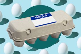 An egg carton with a name tag sticker.