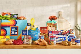 An ALDI grocery bag and food products related to Thanksgiving.