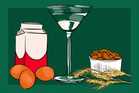 Illustration of a martini glass surrounded by a carton of milk, three eggs, wheat, and a dish of almonds