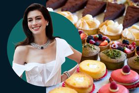 Anne Hathaway in a photo composite with an image of various desserts.