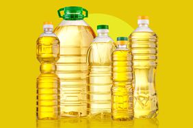 Various bottled cooking oils on a yellow background.