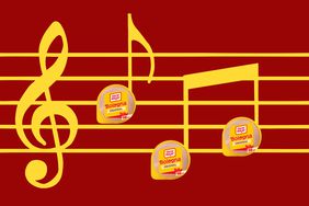 Oscar Meyer bologna and musical notes on a maroon background. 