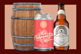 A wooden barrel, La Palomita by Goose Island, and Tequila Sunrise by Firestone Walker beers