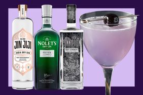 A bottle of Jin Jiji, Nolet's and Conniption gin with an aviation cocktail on a purple background. 