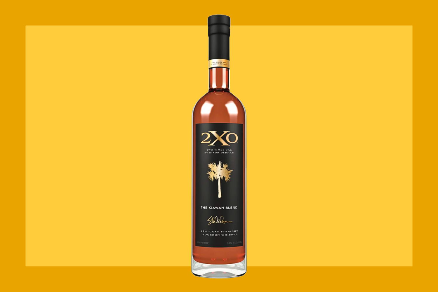 A bottle of 2XO The Kiawah Blend Kentucky Straight Bourbon on a mustard colored background. 