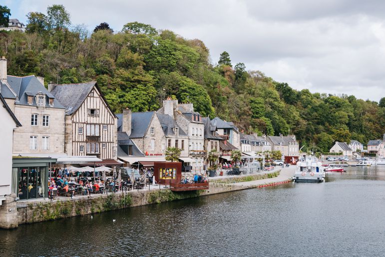 Restaurants along a river in the Brittany region of France