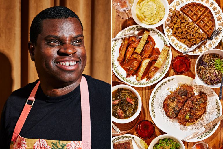 Geoff Davis, the chef and owner of Burdell on the left. On the right, a spread of cornbread, collard greens, barbecue whole shrimp, whipped potatoes, chicken liver and waffles, dirty rice, smothered pork chops, and creamed sweet peas