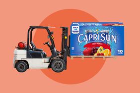 A forklift loaded with a giant box of Capri Sun pouches. 