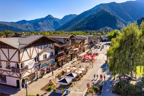 Drone view of Leavenworth, Washington on a sunny day.