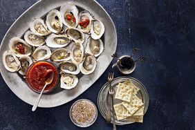 Cheater’s Oyster Roast with Tangy Cocktail Sauce and Celery Mignonette