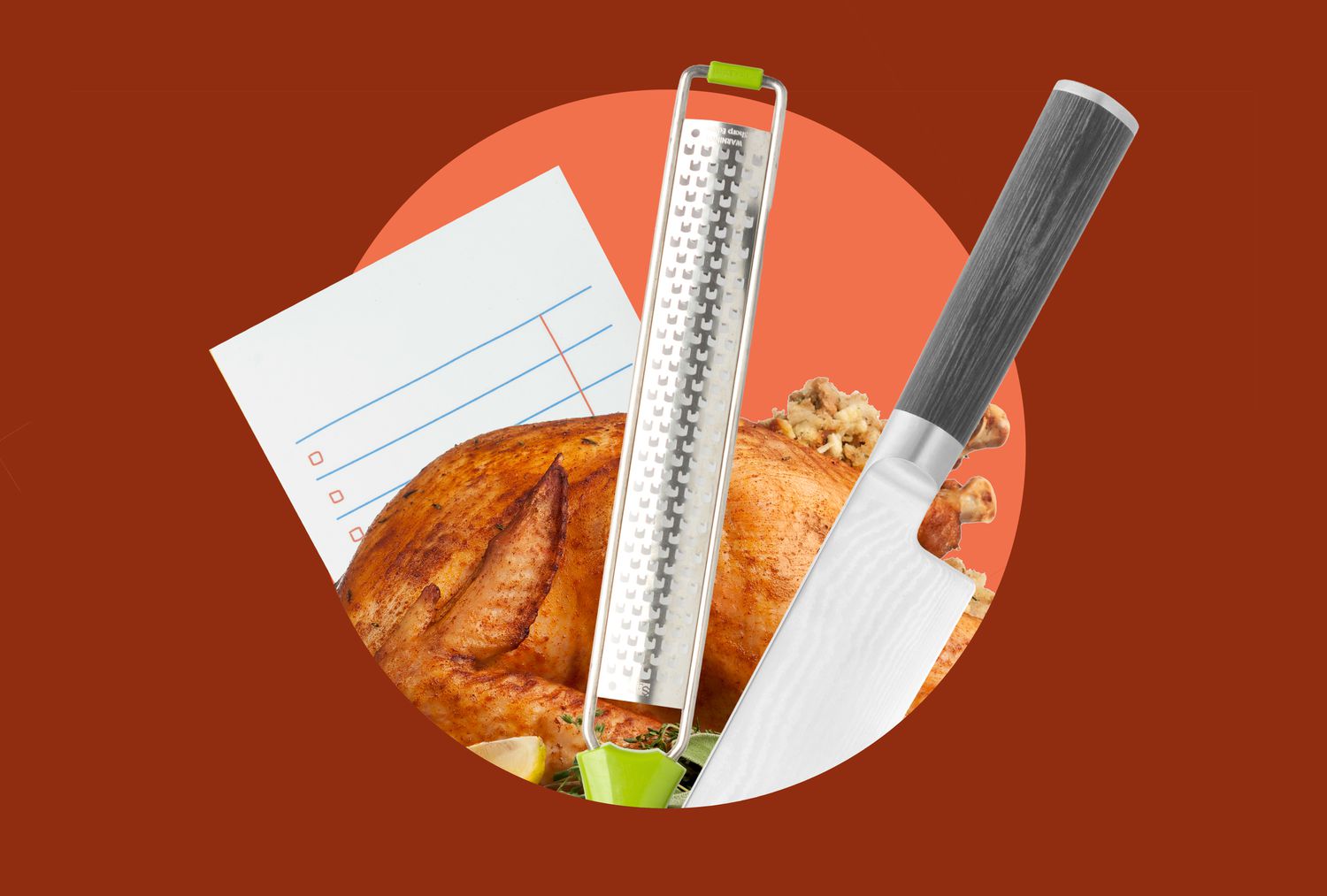 A notepad, turkey, microplane and chefs knife on an orange background. 