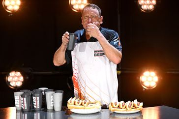 LAS VEGAS, NEVADA - SEPTEMBER 02: Joey Chestnut attends LIVE Chestnut vs. Kobayashi: Unfinished Beef at the Hyper X Arena at the Luxor on September 02, 2024 in Las Vegas, Nevada.