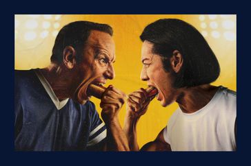 Joey Chestnut and Takeru Kobayashi eating Hot Dogs