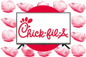 The Chick-fil-A logo on a television with a background of chicken nuggets.