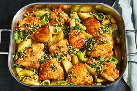 Chicken, Potatoes, and Leeks with Pine Nut Gremolata