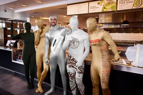 Five people in Chipotle themed costumes. 