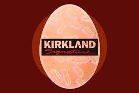 An egg with Salmonella bacteria and the Kirkland signature logo on the surface, over a maroon background. 