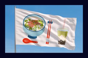 A flag with illustrations of pho and boba tea,