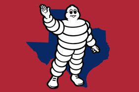 The Michelin man in a composite with a silhouette of the state of Texas.