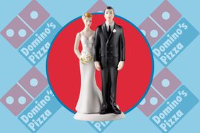 A wedding cake topper with the Domino's Pizza logo in the background.