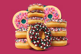 Decorated Shortbread Cookies, Holiday Sprinkle Doughnuts from Dunkin on a magenta background. 