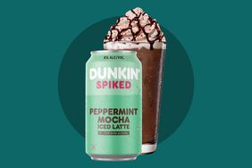 The Dunkin’ Spiked Peppermint Mocha Iced Latte in a can and glass with whipped cream over a teal background. 