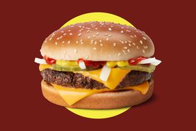 A McDonald's Quarter Pounder on a maroon and yellow background.