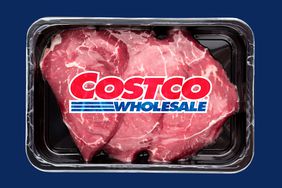 The Costco Wholesale logo on packaged meat.