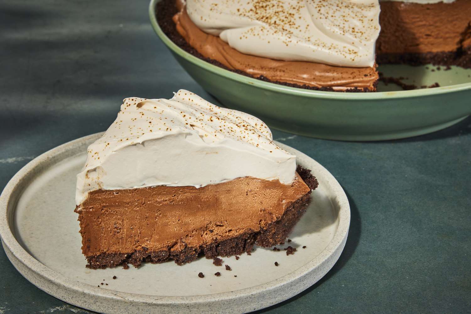 A slice of espresso martini pie on a plate.