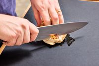 A person slices meat with the Wusthof 8-Inch Classic Chef's Knife