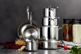 The Tramontina 12-Piece Stainless Steel Tri-Ply Cookware Set on a kitchen counter