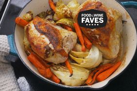 Chicken and vegetables in a Crock-Pot enameled cast iron skilled