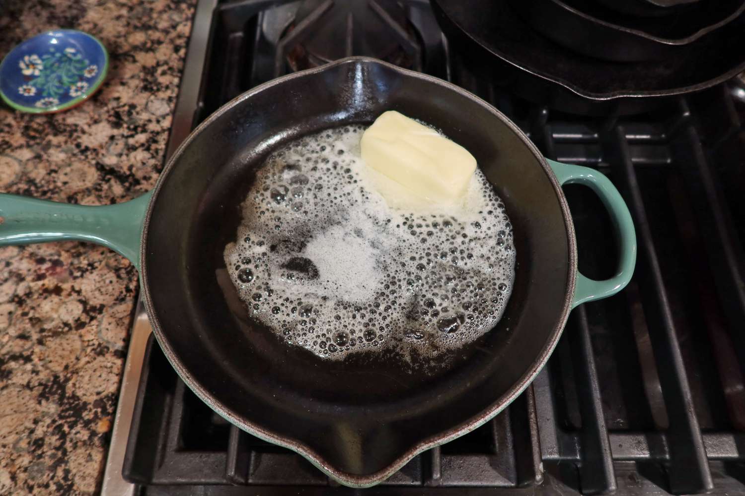 Butter melting in a Le Creuset Classic Enameled Cast Iron Skillet