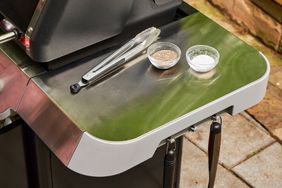 Seasonings and tongs on the Weber Genesis E-325 Liquid Propane Gas Grill side table