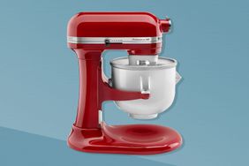 The KitchenAid Ice Cream Maker Attachment over a blue background