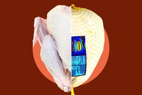 A raw and frozen turkey on a brown and orange background. 