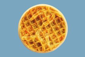 A round waffle with an overlay of a microscopic view of Listeria. 