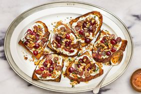 Grape, Walnut & Labneh Crostini with Spicy Honey