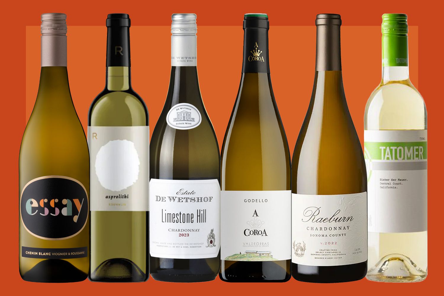 Bottles of 2023 Essay White, Rouvalis Asprolithi, 2023 De Wetshof Limestone Hill Chardonnay, 2023 A Coroa Godello, 2022 Raeburn Sonoma County Chardonnay, 2022 Tatomer Hinter der Maur White on an orange background.