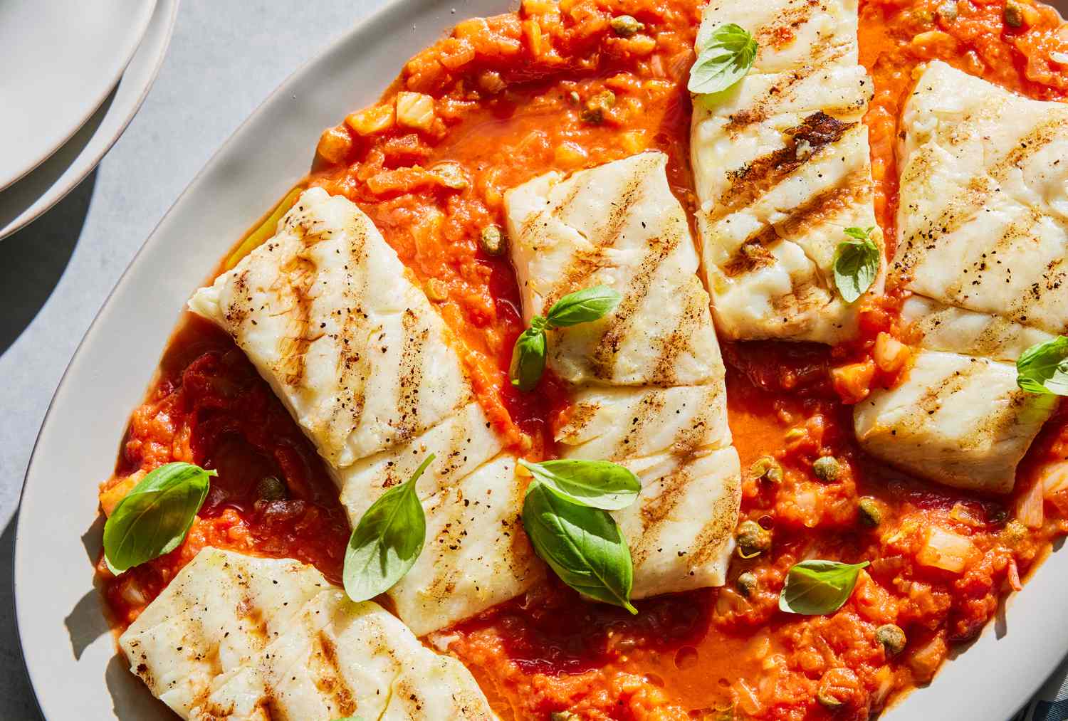 Grilled Halibut with Tomato and Caper Sauce