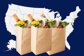 Three grocery bags over a map of the United States on a dark blue background. 