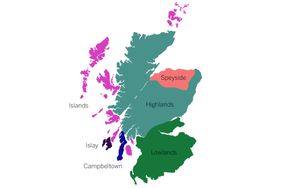 A map of the different scotch regions of Scotland including Speyside, Highlands, Lowlands, Islands, Islay and Campbeltown.