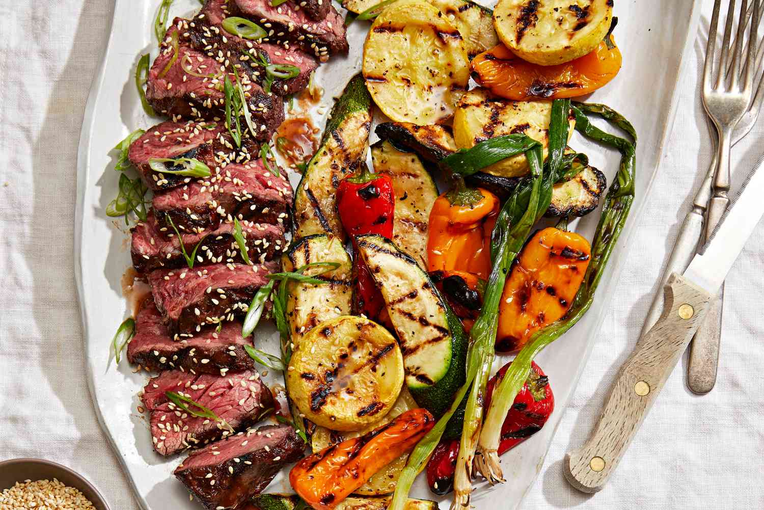 Hanger Steak with Kimchi Glaze and Miso Butter Grilled Vegetables Recipe