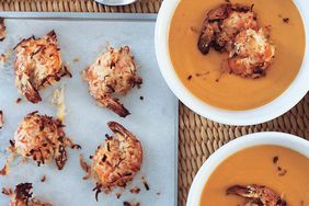 Carrot-Ginger Soup with Coconut-Roasted Shrimp