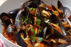 Mussels Steamed in Tomato Broth with Goat Cheese