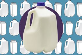 A gallon jug of milk over a background of illustrated milk jugs and cartons. 