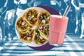 A platter of tacos and a smoothie in a photo composite in front of a background of marathon runners. 