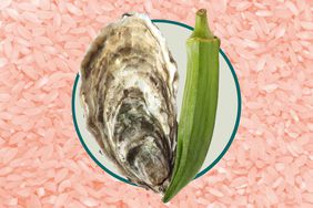 An oyster and okra pod over a background of Carolina Golden Rice.